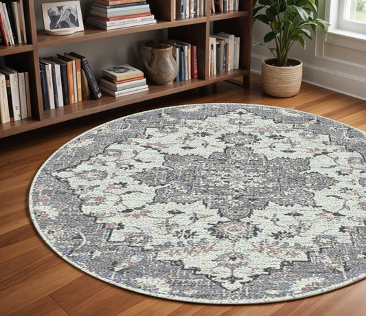 7' Gray Medallion Power Loom Round Rug-0