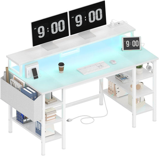 White Desk with Storage Shelves - 47 Inch Home Office Gaming Desk with Monitor Stand, Computer Desk with LED Lights and Power Outlets, White-0