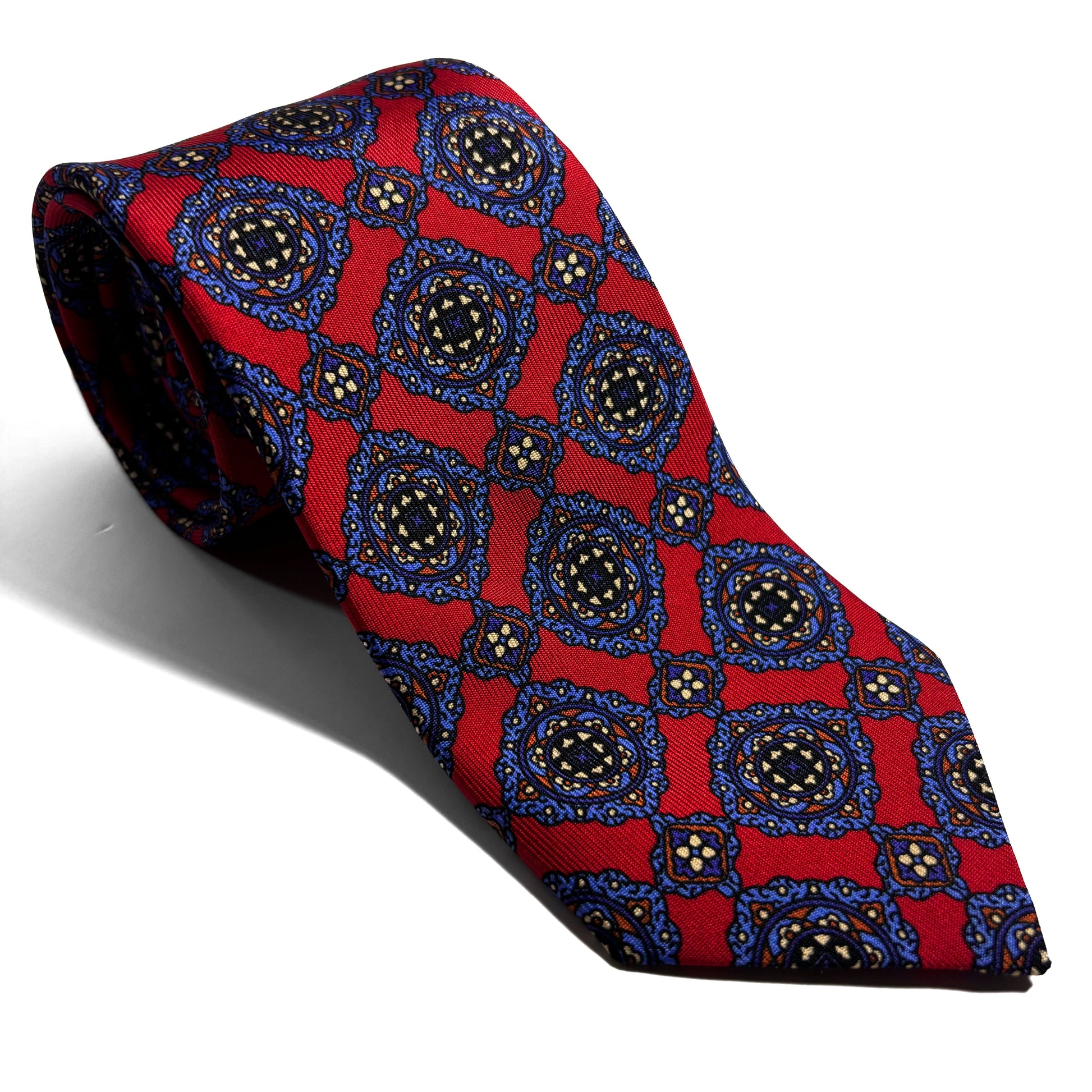 Hand-Printed Red Geometric Medallion Ancient Madder Silk Tie-0