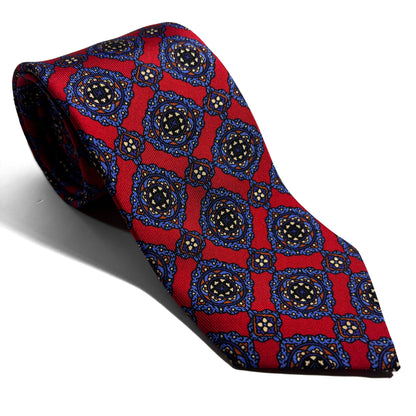 Hand-Printed Red Geometric Medallion Ancient Madder Silk Tie-0