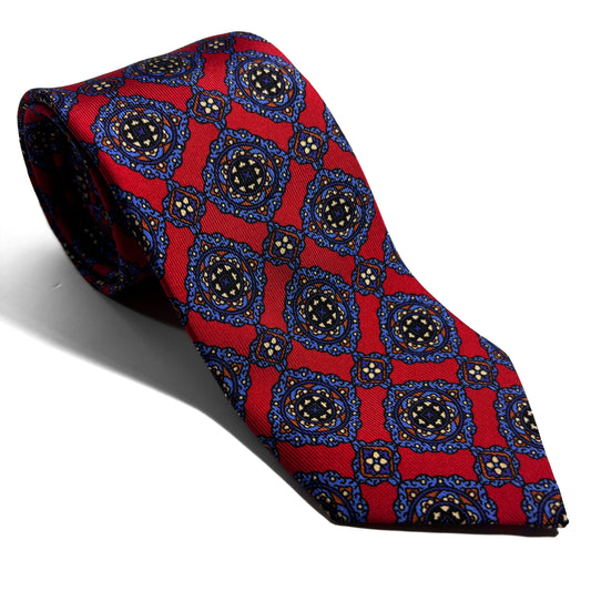 Hand-Printed Red Geometric Medallion Ancient Madder Silk Tie-0