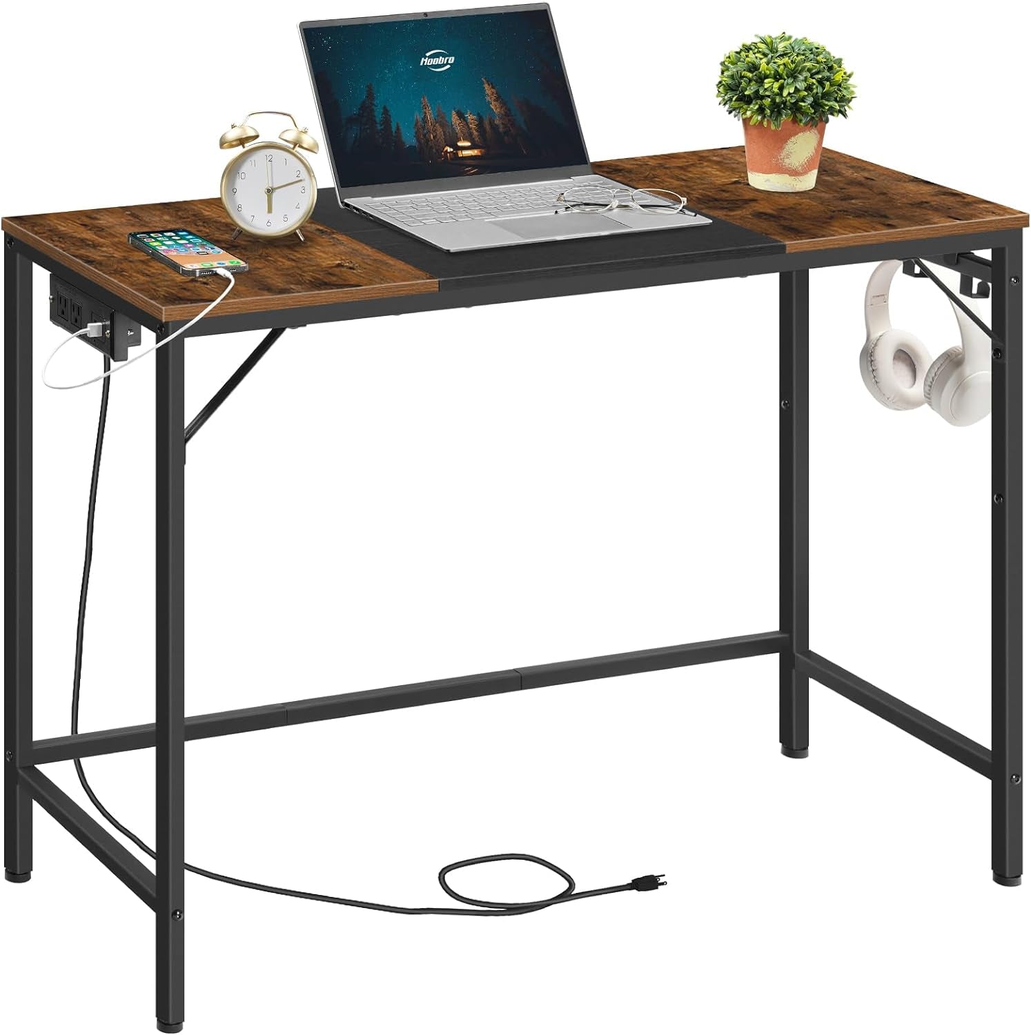 Computer Desk, Home Office Desk with Power Outlet, Modern Study Writing Desk with 3 Hooks for Study Room, Home Office, Sturdy and Stable, Easy to Assemble, Rustic Brown and Black BF41UDN01-0
