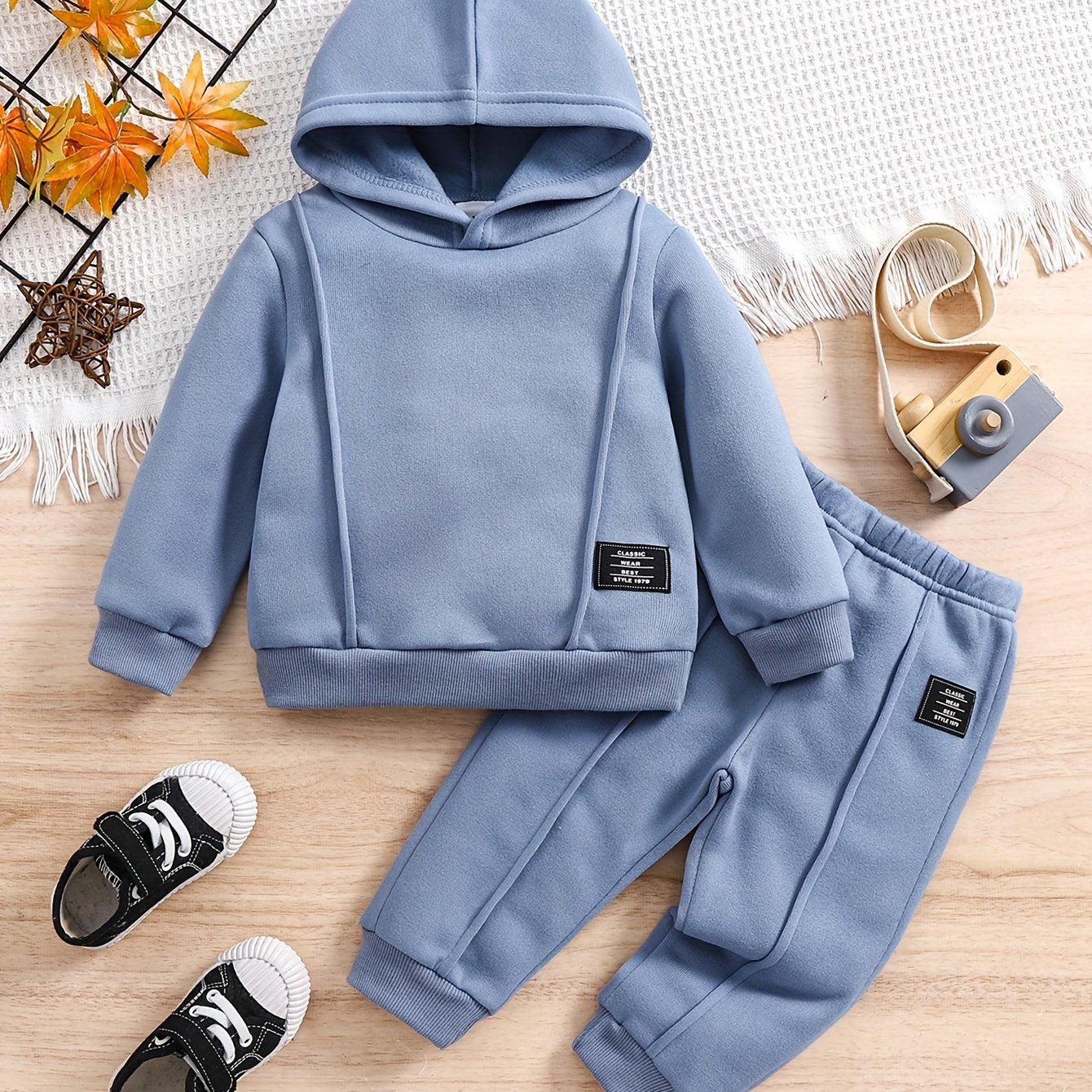 0-3 Years Old Two-piece Autumn and Winter New Style Boys Long Sleeve Hidden Blue Hoodie Suit, Perfect for Outdoor