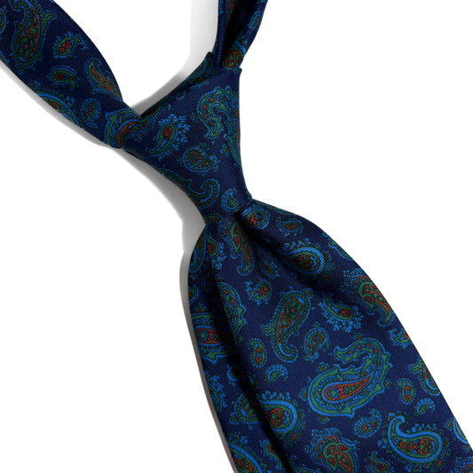 Hand-Printed Nautical Blue Paisley Silk Tie-1