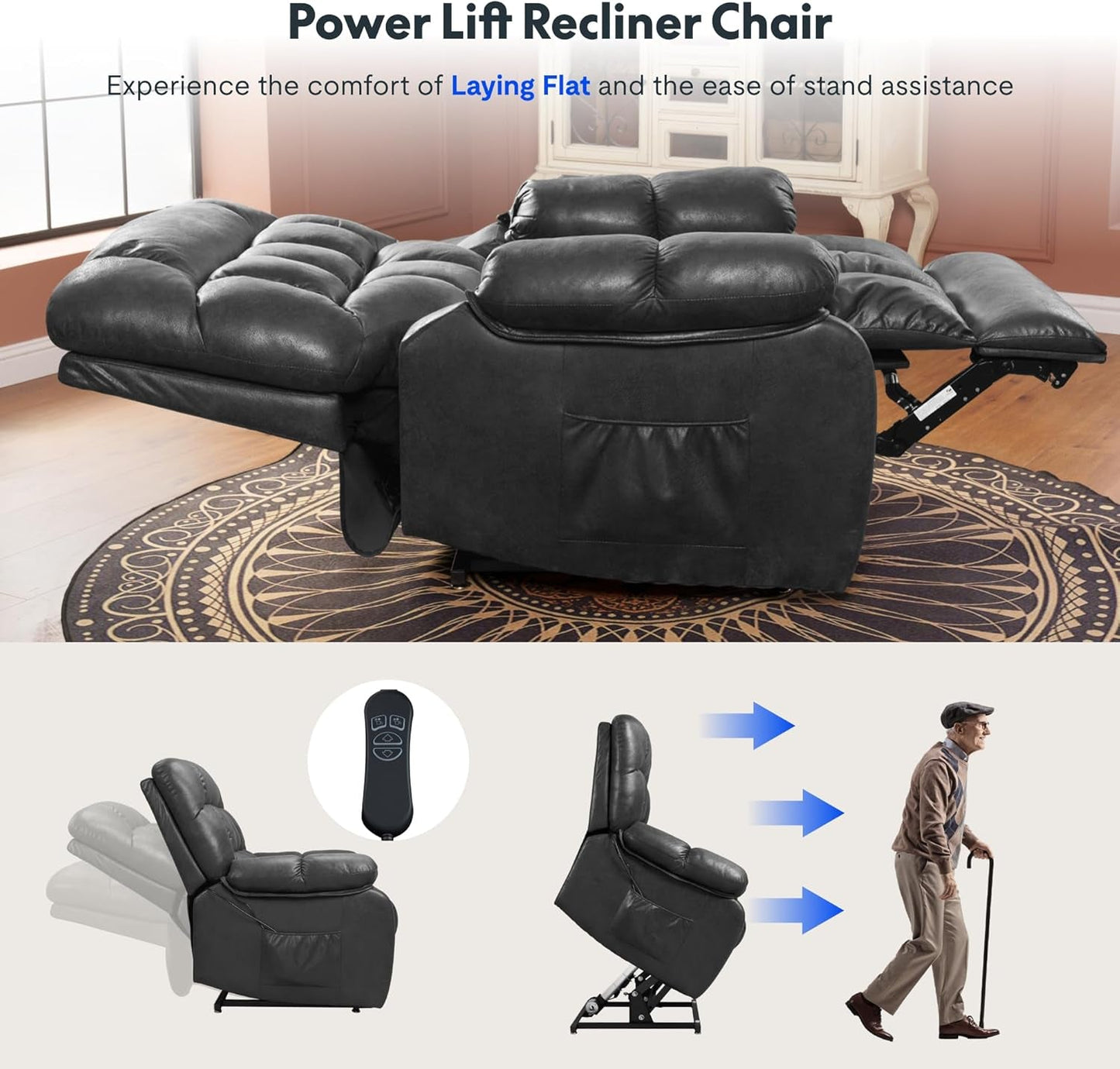 Dual OKIN Motor Power Lift Recliner Chair for Elderly, Electric Lay Flat Recliner W/Massage & Heat, Faux Leather Reclining Sofa W/Usb Ports for Living Room Bedroom, Black(Xl51)-3
