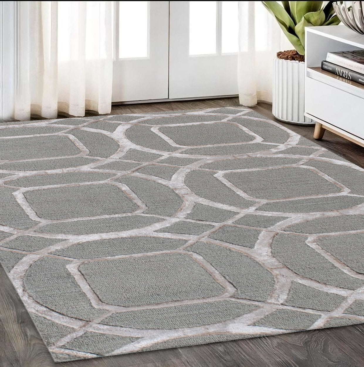 5' X 8' Gray and Light Gray Abstract Geometric Hand Tufted Area Rug-0