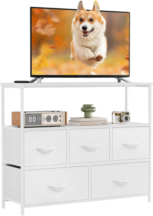 TV Stand Dresser for Bedroom with 5 Fabric Drawer,Entertainment Center for 45 Inch Television, Media Console Table with Storage, Open Shelf, Adjustable Feet, Living Room Furniture, White-0