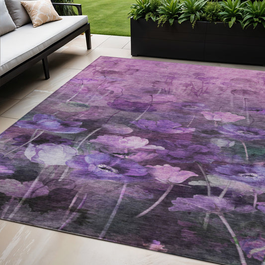 5' X 8' Purple Eggplant And Lavender Floral Washable Indoor Outdoor Area Rug-0