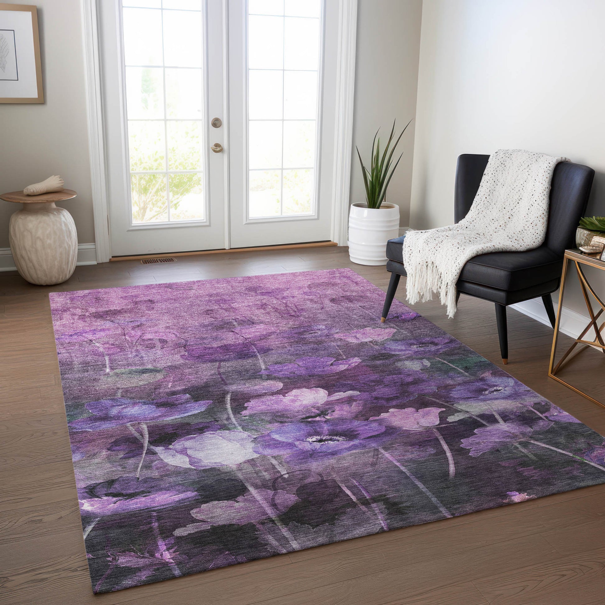 5' X 8' Purple Eggplant And Lavender Floral Washable Indoor Outdoor Area Rug-6