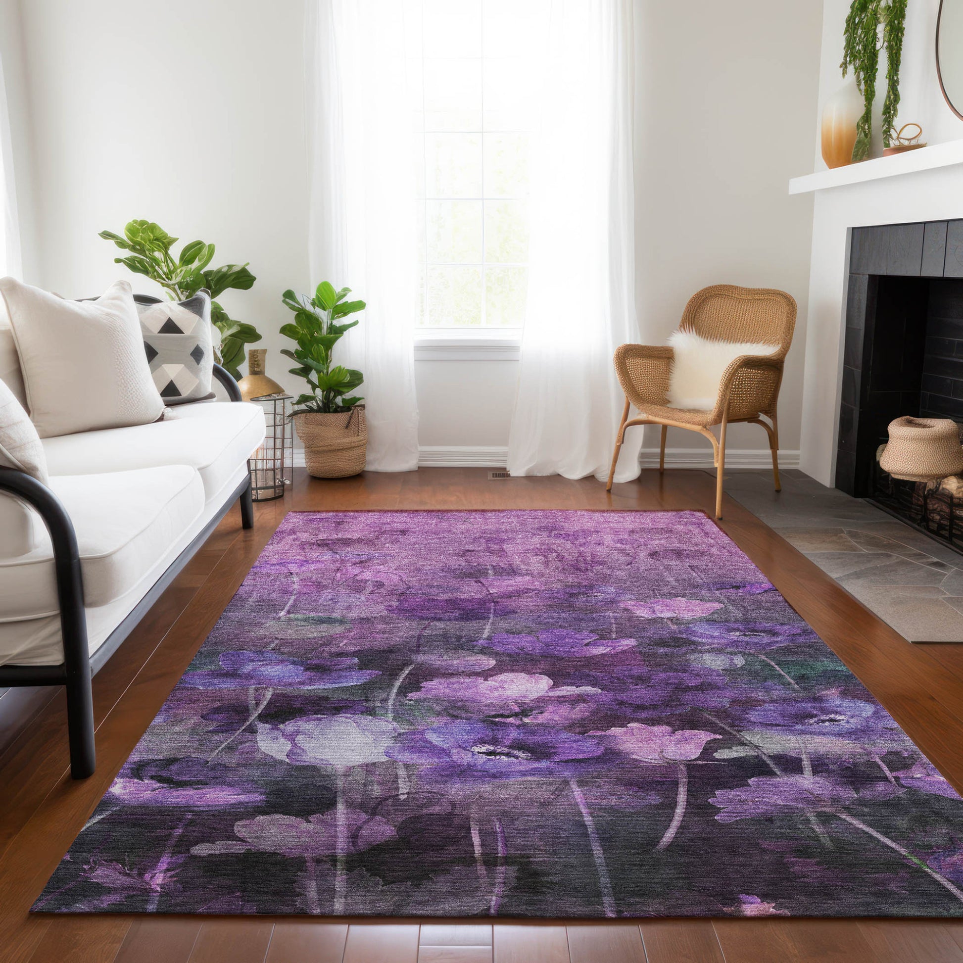 5' X 8' Purple Eggplant And Lavender Floral Washable Indoor Outdoor Area Rug-7