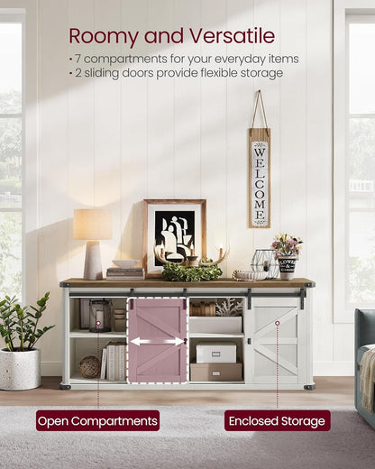 TV Stand for Tvs up to 65 Inches, Farmhouse Entertainment Center with Sliding Barn Doors, TV Console Table for Living Room, Rustic White and Honey Brown ULTV324W73-3