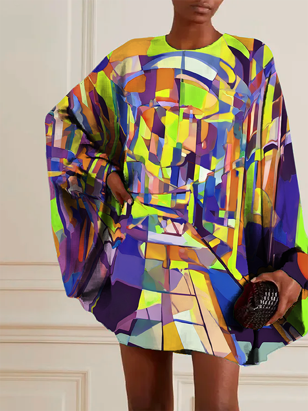 Batwing Sleeves Long Sleeves Buttoned Hollow Printed Round-Neck Mini Dresses