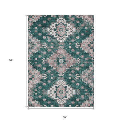 3' X 5' Emerald Brown And Ivory Medallion Washable Indoor Outdoor Area Rug-2