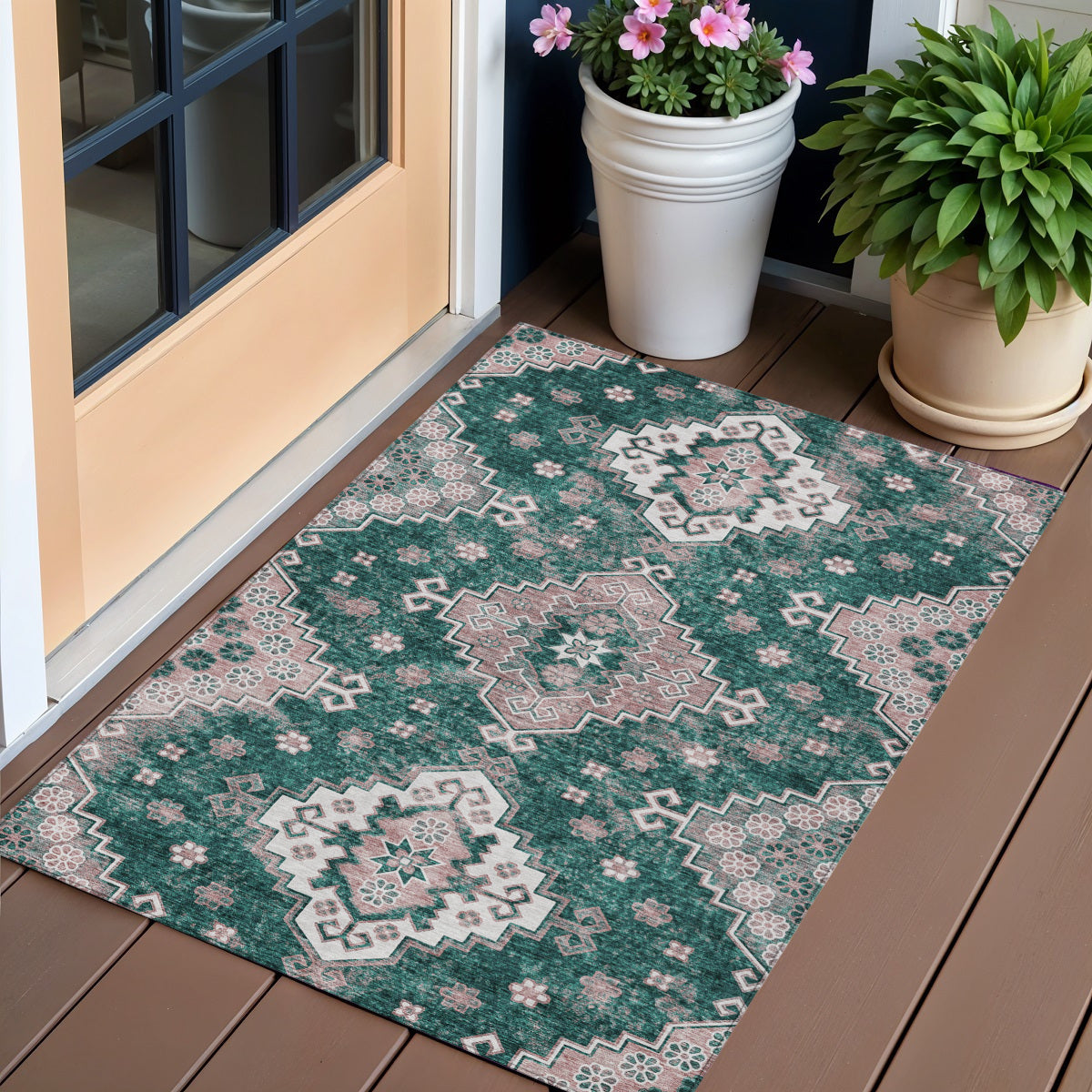 3' X 5' Emerald Brown And Ivory Medallion Washable Indoor Outdoor Area Rug-0