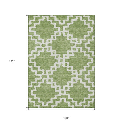 9' X 12' Artichoke Green And Ivory Geometric Washable Indoor Outdoor Area Rug-2
