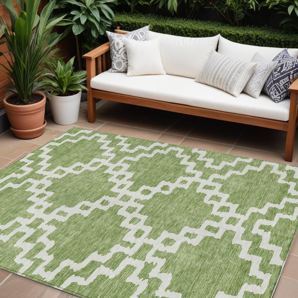 9' X 12' Artichoke Green And Ivory Geometric Washable Indoor Outdoor Area Rug-0