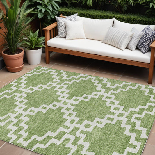 9' X 12' Artichoke Green And Ivory Geometric Washable Indoor Outdoor Area Rug-0