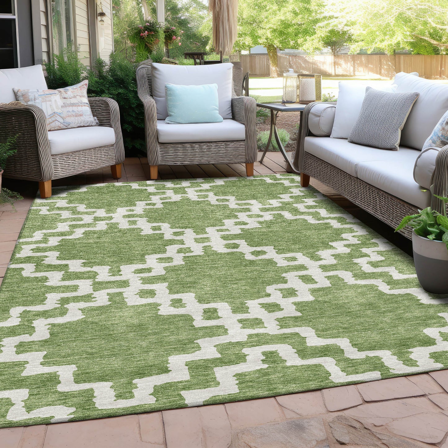 9' X 12' Artichoke Green And Ivory Geometric Washable Indoor Outdoor Area Rug-7