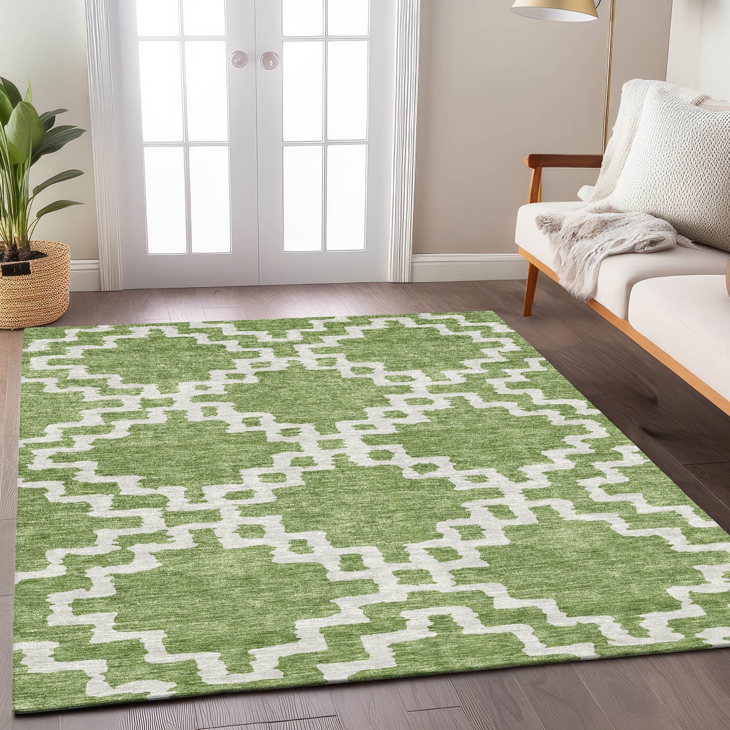 9' X 12' Artichoke Green And Ivory Geometric Washable Indoor Outdoor Area Rug-8