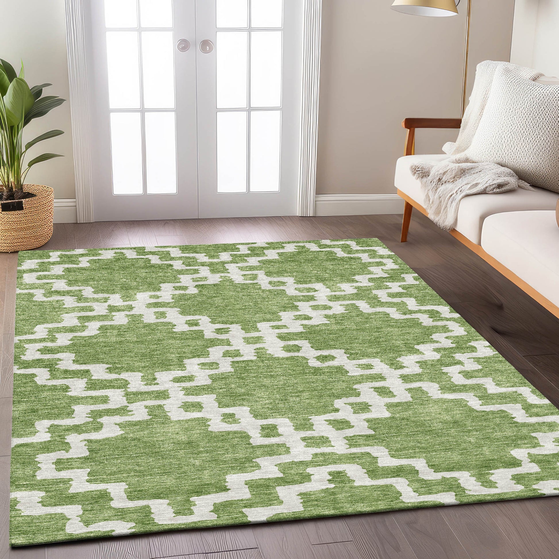 9' X 12' Artichoke Green And Ivory Geometric Washable Indoor Outdoor Area Rug-8