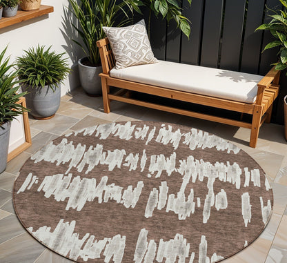 8' Brown Ivory And Gray Round Striped Washable Indoor Outdoor Area Rug-0