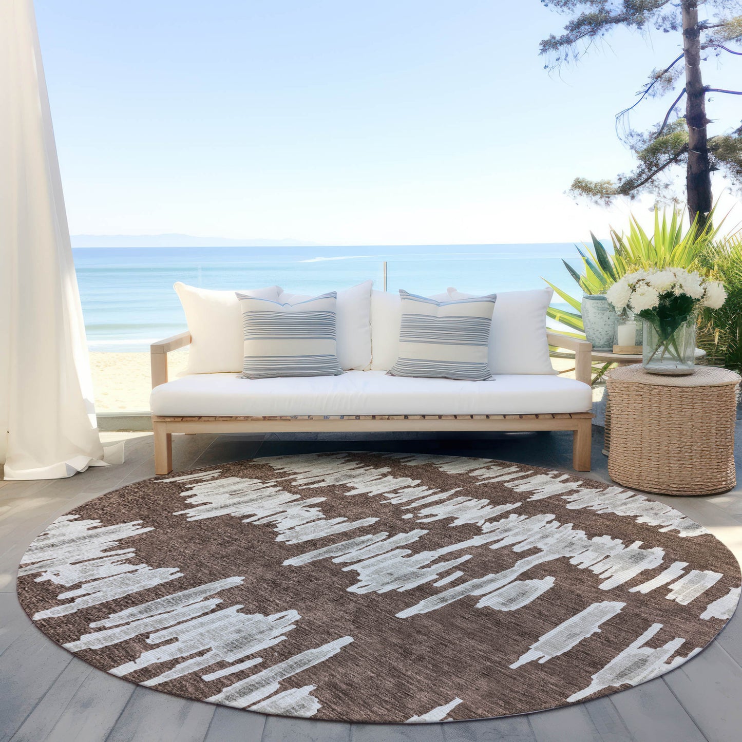 8' Brown Ivory And Gray Round Striped Washable Indoor Outdoor Area Rug-6