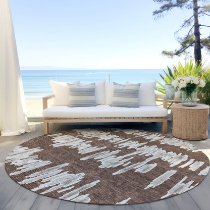 8' Brown Ivory And Gray Round Striped Washable Indoor Outdoor Area Rug-6
