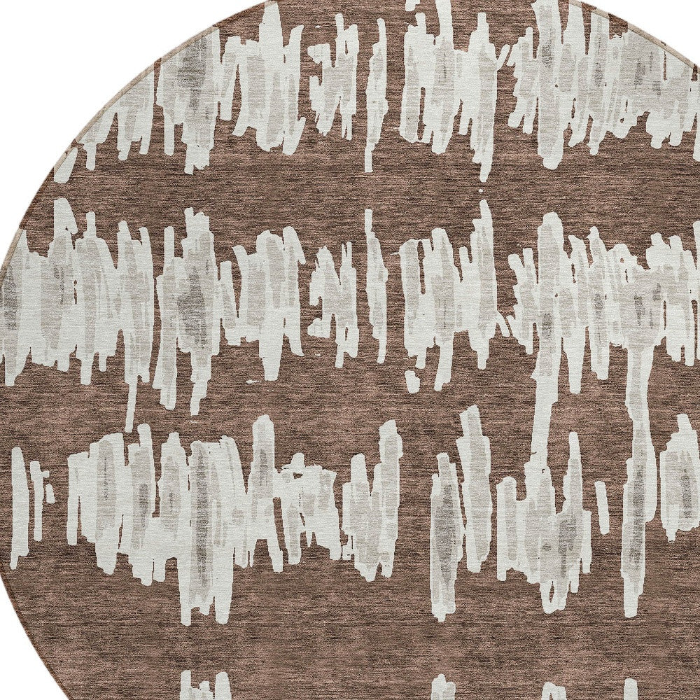 8' Brown Ivory And Gray Round Striped Washable Indoor Outdoor Area Rug-3
