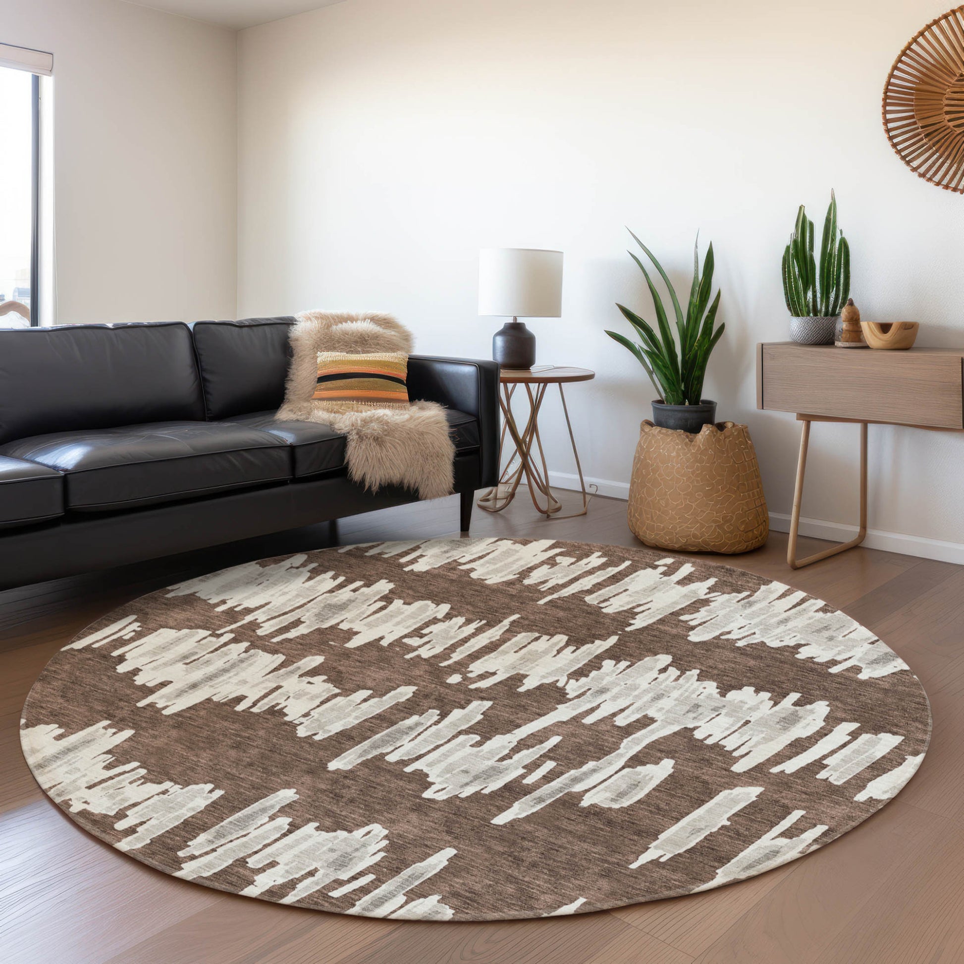 8' Brown Ivory And Gray Round Striped Washable Indoor Outdoor Area Rug-7
