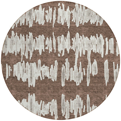8' Brown Ivory And Gray Round Striped Washable Indoor Outdoor Area Rug-5