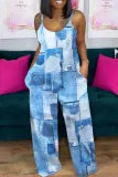 Blue Casual Graphics Print Sleeveless Pocket Spaghetti Strap Plus Size Wide Leg Cami Jumpsuits
