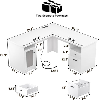 L Shaped Computer Desk with Power Outlets and USB Ports-2