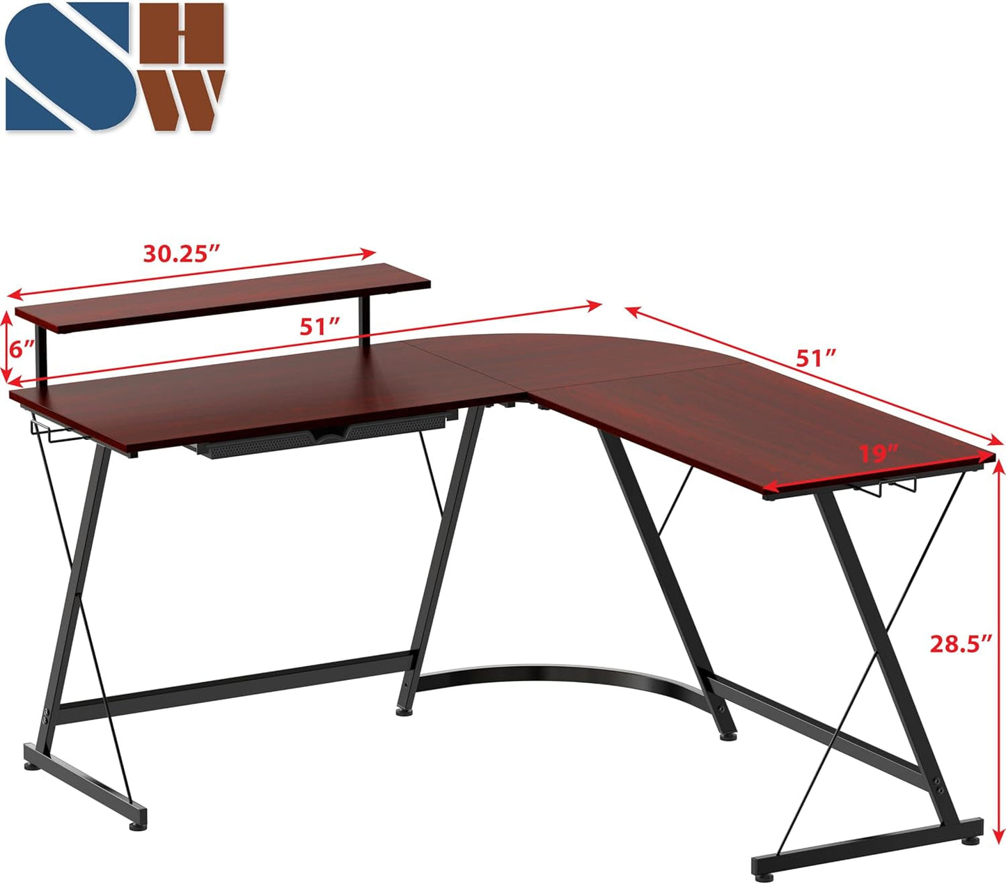 Vista L-Shape Desk with Monitor Stand, Cherry-2