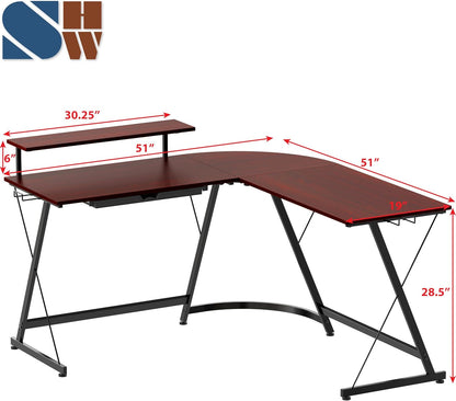 Vista L-Shape Desk with Monitor Stand, Cherry-2