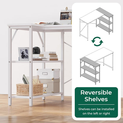 L Shaped Desk, 47 Inches Computer Desk with Reversible Storage Shelves, Gaming Desk, Corner Desk Home Office Desks, Writing Desk Study Desk with Metal Frame, White-3