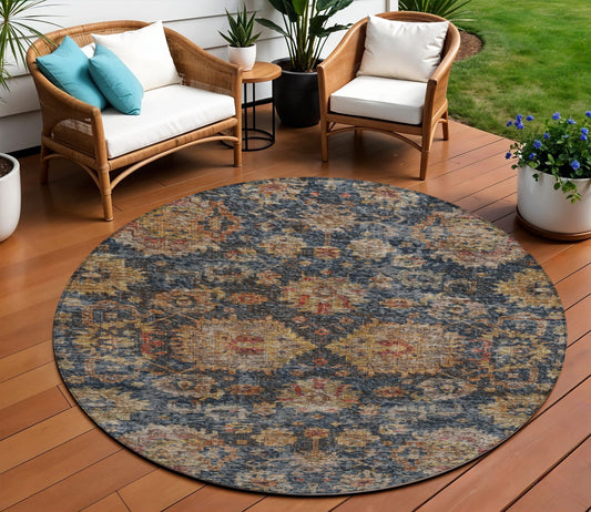 8' Navy Blue Brown And Terra Cotta Round Damask Washable Indoor Outdoor Area Rug-0