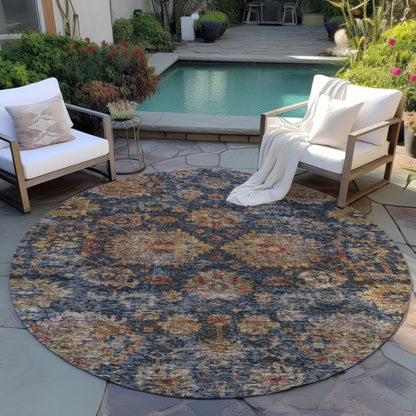8' Navy Blue Brown And Terra Cotta Round Damask Washable Indoor Outdoor Area Rug-6