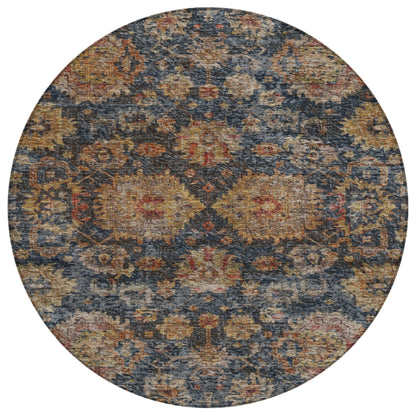 8' Navy Blue Brown And Terra Cotta Round Damask Washable Indoor Outdoor Area Rug-1