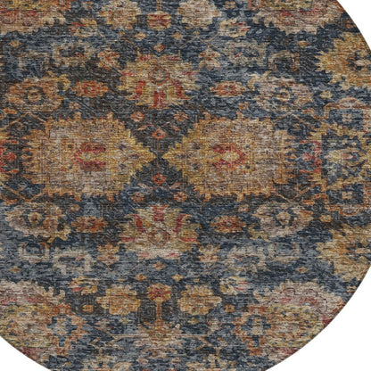 8' Navy Blue Brown And Terra Cotta Round Damask Washable Indoor Outdoor Area Rug-4