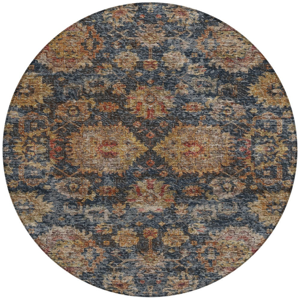 8' Navy Blue Brown And Terra Cotta Round Damask Washable Indoor Outdoor Area Rug-5