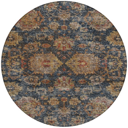 8' Navy Blue Brown And Terra Cotta Round Damask Washable Indoor Outdoor Area Rug-5
