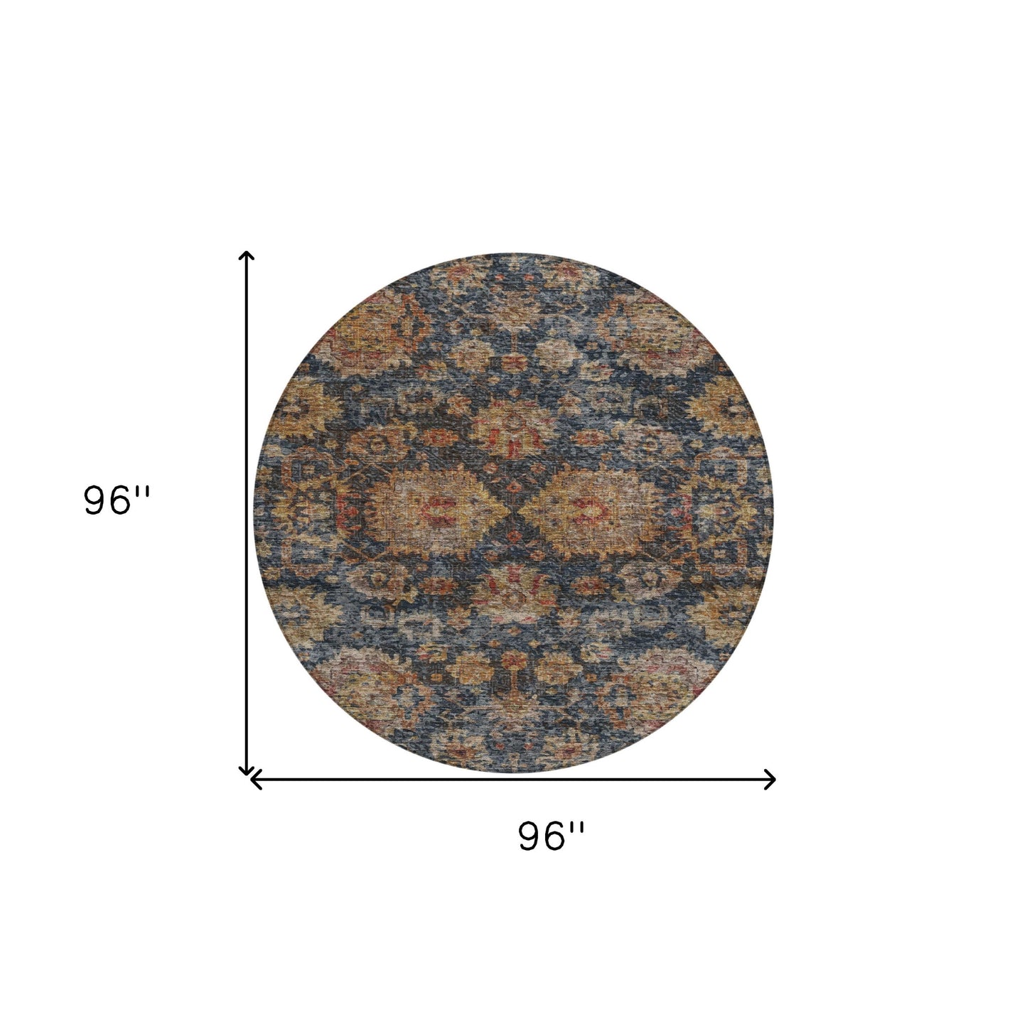 8' Navy Blue Brown And Terra Cotta Round Damask Washable Indoor Outdoor Area Rug-8