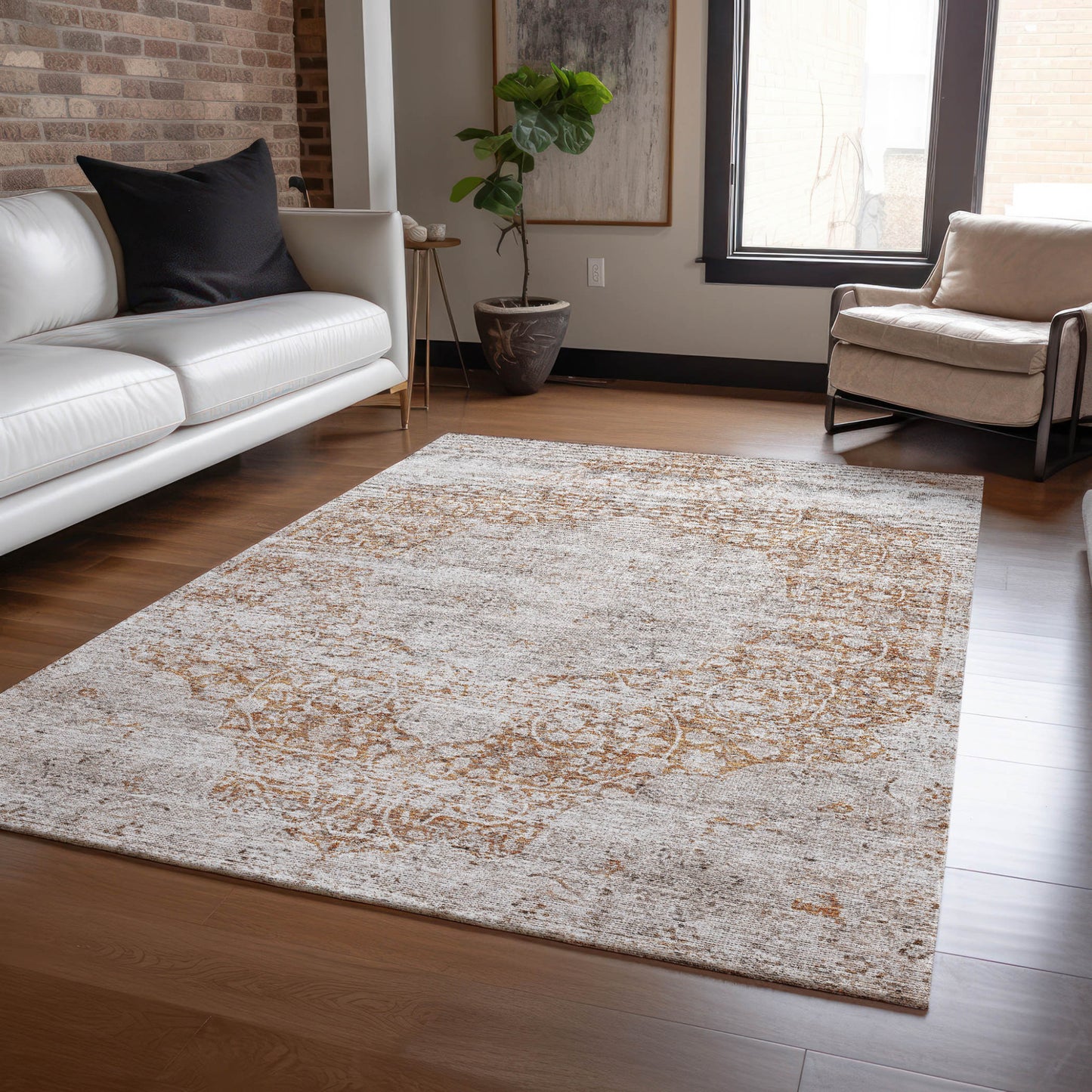 3' X 5' Copper And Beige Floral Washable Indoor Outdoor Area Rug-7