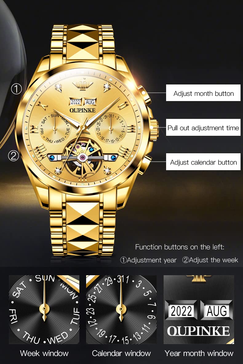 OUPINKE Gold Men Automatic Mechanical Wrist Watches Luxury Dress Tungsten Steel Luminous Waterproof Sapphire Diamond Calendar Best Gifts Men