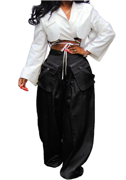 Vaceky Women's Satin Palazzo Pants Wide Leg Dressy Casual Flowy Cargo Pant Trousers with Pockets Black