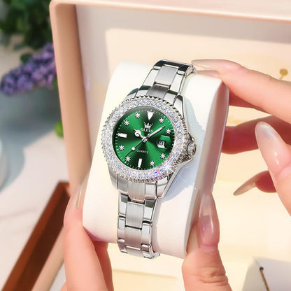 OLEVS Women Watch Silver and Green Watches for Women Small Wrist Ladies Diamond Classic Stainless Steel Dress Female Watches Analog Quartz Waterproof Date Women's Wrist Watch Luminous Reloj de Mujer