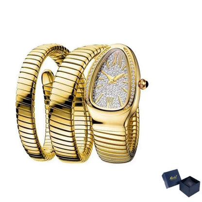 KLSKLYL Iced Out Snake Bracelet Fashion Women's Watch Gold Steel Wrapped Strap Quartz Watches Women Casual Ladies Wristwatch (Gold)