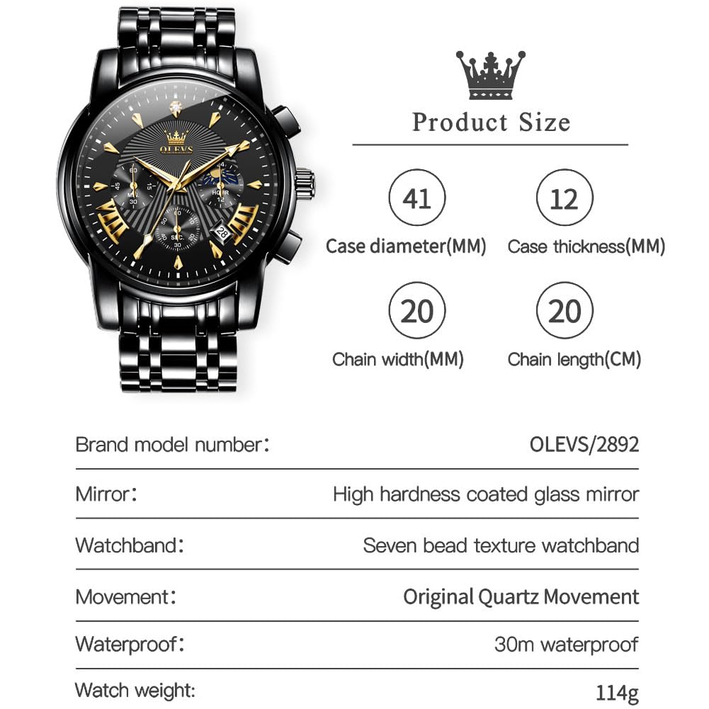 OLEVS Watch Men Black Watches for Men Chronograph Stainless Steel Mens Watches Big Face Classic Luxury Men's Wrist Watch with Date Luminous Waterproof Dress Analog Quartz Relojes para Hombres