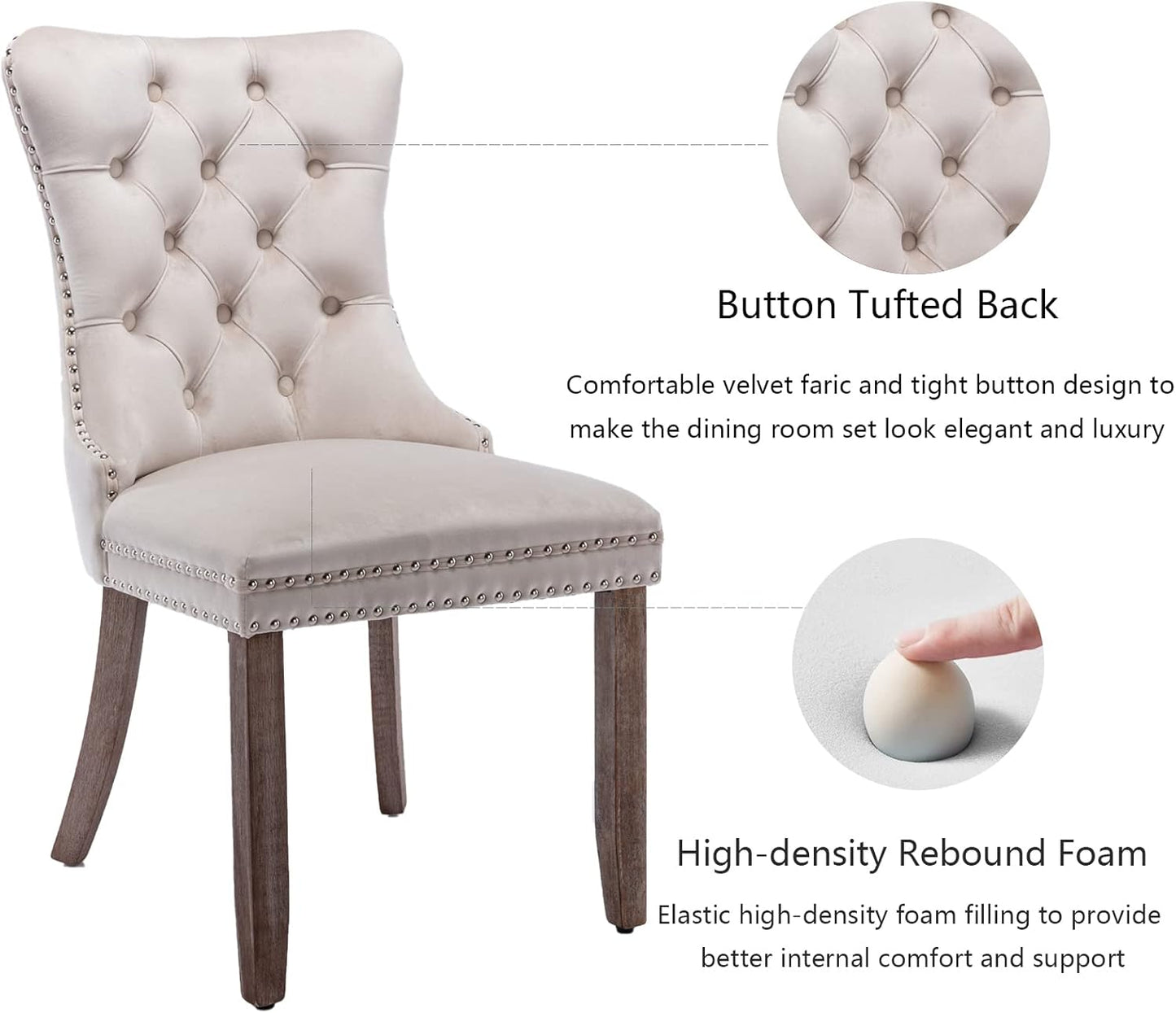 Beige Velvet Dining Chairs Set of 6, Upholstered Dining Room Chairs with Back Ring Pull Trim and Solid Wood Legs, Tufted Wingback Kitchen Chairs for Dining Room,Living Room,Kitchen(Beige)-3