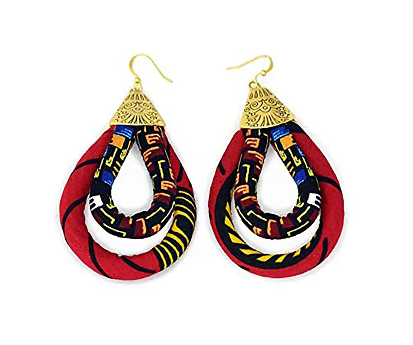 Red Ankara Hoop Earring | African Print Earrings | Mini Double Loop Earring | Ketepa Print Earring | African Print Jewelry Red, Yellow, Black | Afrocentric | Cloth & Cord